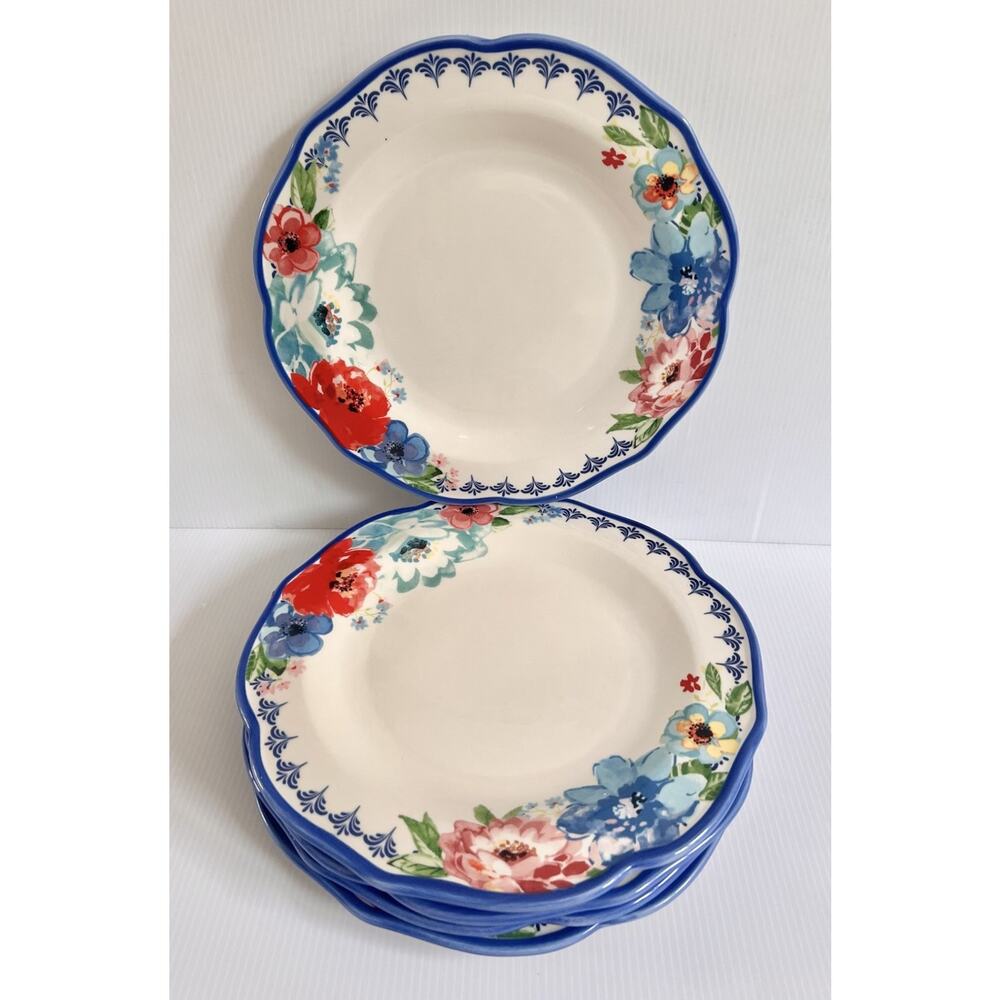 The Pioneer Woman Melody Floral Scalloped Dinner Plates Set of 5 Blue Ceramic